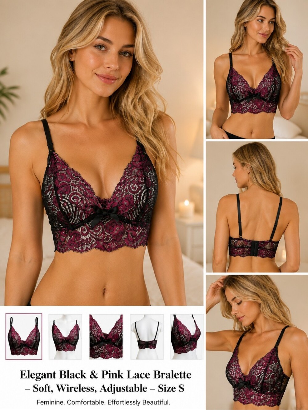 Black & Pink Floral Lace Bralette Size Small Soft Wireless Adjustable Straps EUC